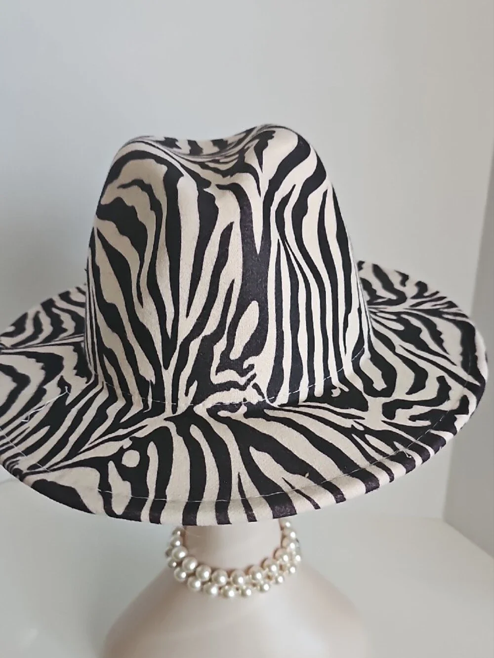 Beloved Millinery Gorgeous Zebra Print Wide Brim Panama Fedora Hat Black & Cream